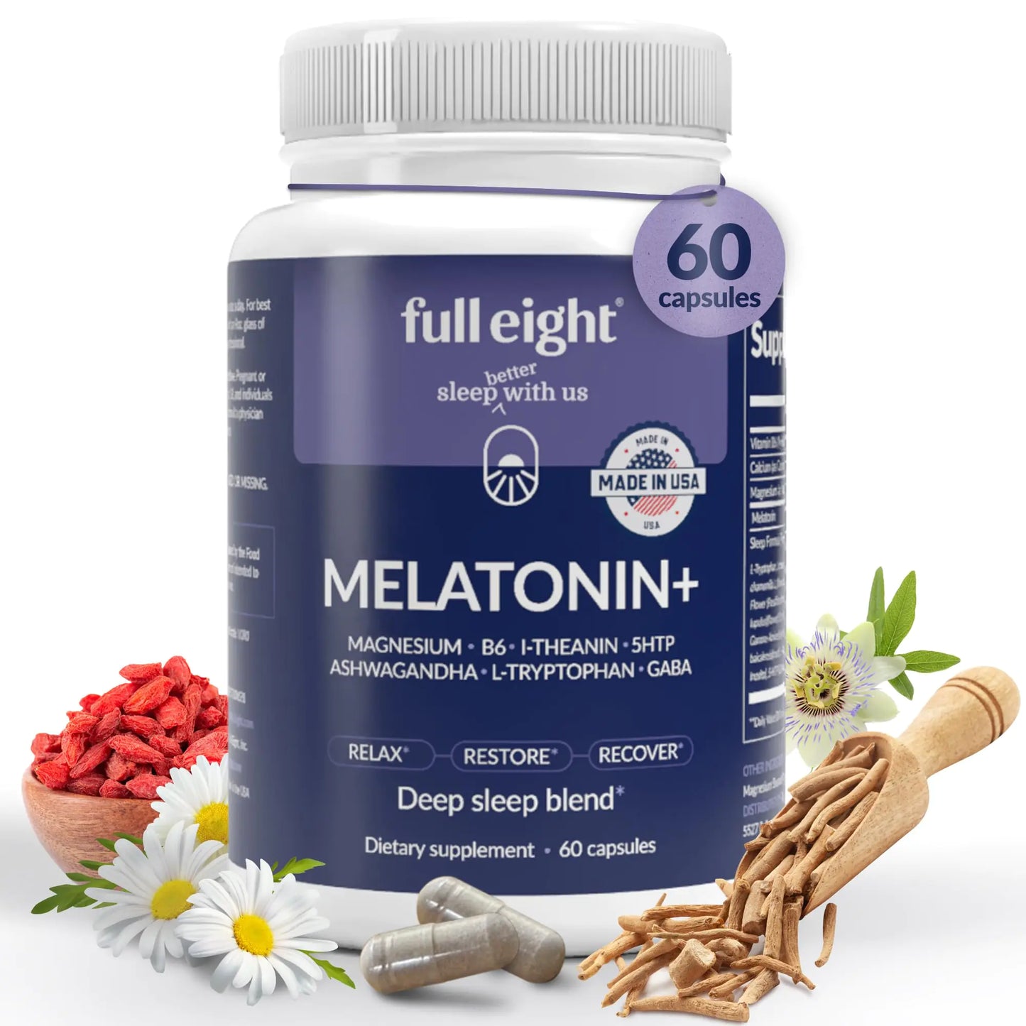 Full Eight Melatonin+ Fast Dissolve Melatonin Supplements 10mg – Sleep Aid for Adults Natural Sleep Support Magnesium B6 L-Theanine 5-HTP Ashwagandha L-Tryptophan GABA 60 Capsules