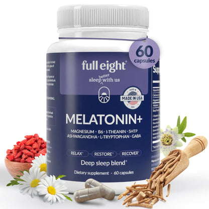 Full Eight Melatonin+ Fast Dissolve Melatonin Supplements 10mg – Sleep Aid for Adults Natural Sleep Support Magnesium B6 L-Theanine 5-HTP Ashwagandha L-Tryptophan GABA 60 Capsules