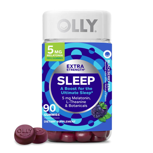 OLLY Extra Strength Sleep Gummy Occasional Sleep Support 5 mg Melatonin L-Theanine Chamomile Lemon Balm Extracts Sleep Aid BlackBerry Flavor - 90 Count (Packaging May Vary)